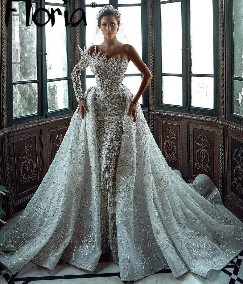 Romantic Single Long Sleeve Wedding Dress With  Beads Crystals Luxury Detachable Train Bridal Gowns 2In1 Wedding Gowns African