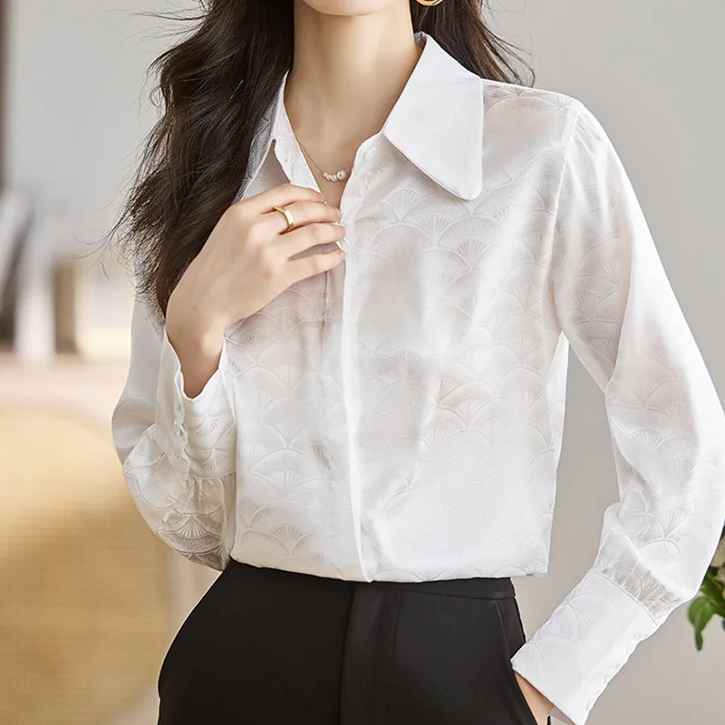 

2025 Long Sleeve Office Lady Turn Down Collar Women Shirt White Satin Elegant Soft Shirt Blouse Women Tops Camisas De Mujer N620
