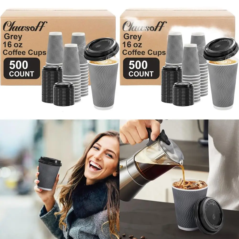 

16oz Insulated Ripple Wall Disposable Paper Coffee Cups with Lids for Hot/Cold Drinks - Ideal for Office, Home, and Events (Grey