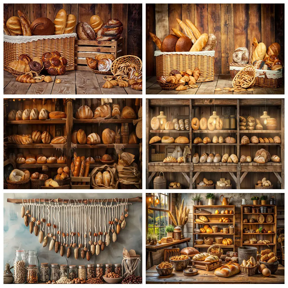 Cooking Bread Backdrop for Photography Bakery Baking Bread Food Cake Kids Portrait Party Wooden Cabinet Kitchen Photo Background