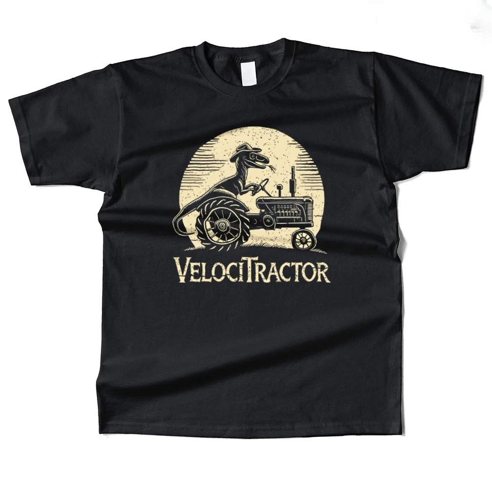 Funny VelociTractor Velociraptor Driving Vintage Tractor T Shirt Men Women Retro Graphic Tee Casual Cotton Short Sleeve Tops