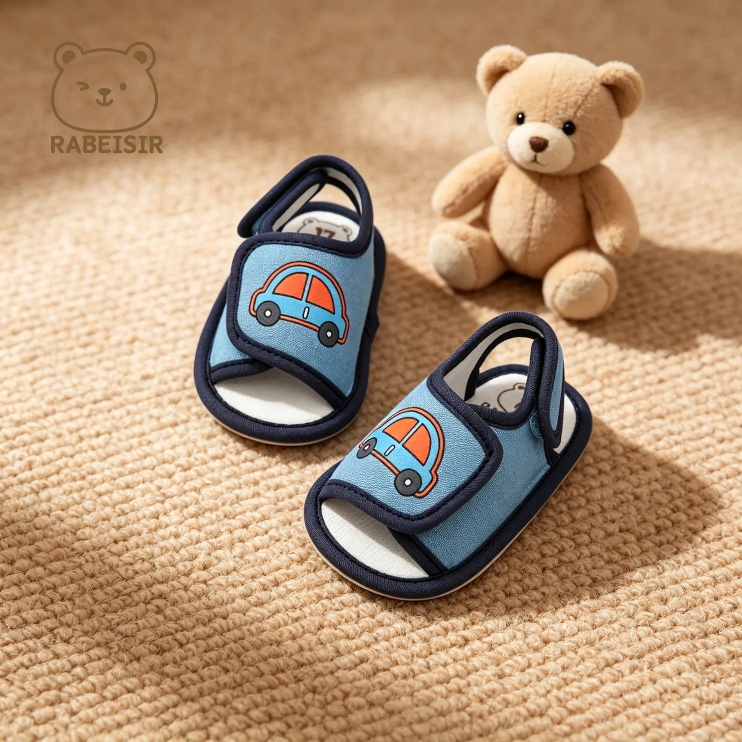 Baby Boys Open Toe Summer Shoes 0-18 Months, Cartoon Car Print, Hook&Loop, Soft Sole Infant Prewalker Crib Shoes