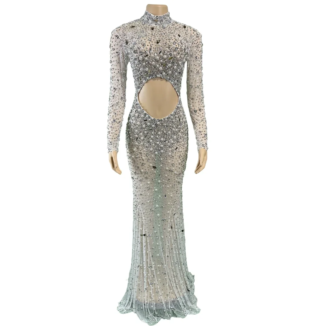 

Women Sexy Pearl Rhinestone Birthday Elegant Floor Length Party Evening Dresses Drag Queen Outfit Stretch Prom Wear