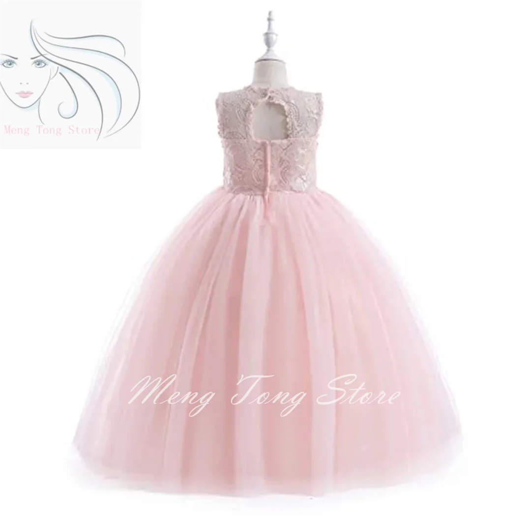 Rosa Tüll flauschige Blumen mädchen Kleid Spitze ärmellose Applikation für Hochzeit Kinder Prinzessin Geburtstags feier Erstkommunion Ballkleider