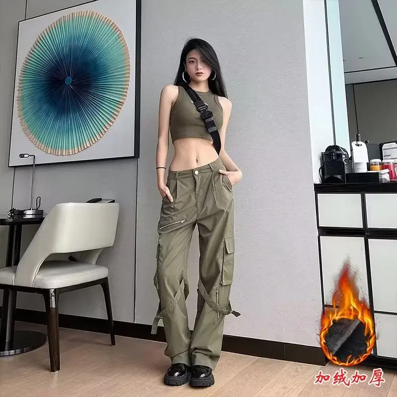 

Y2K cargo pants woman Button Low Waist Zipper trim Straight pants Vintage Casual Black Army Green Streetwear Jeans korean fashio