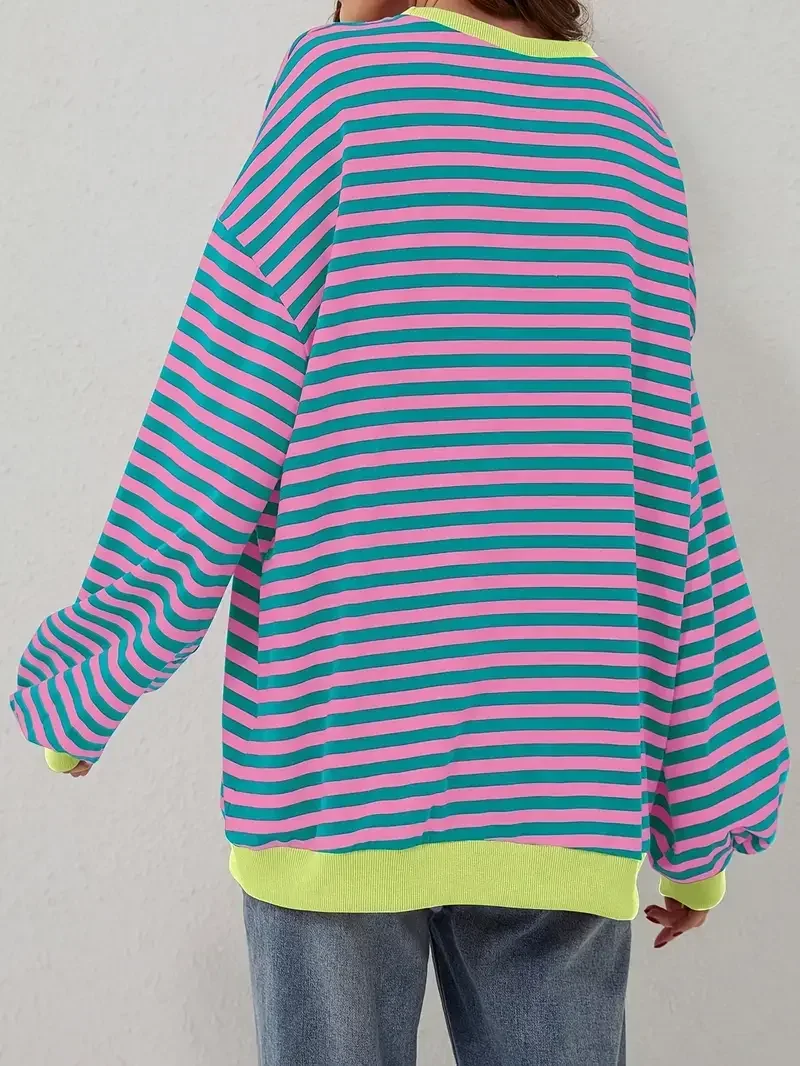 Plus Size 1XL-5XL Women Casual Casual Striped Drop Shoulder Long Sleeve Sweatshirt Women's Round Neck Loose Sweatshirt 2