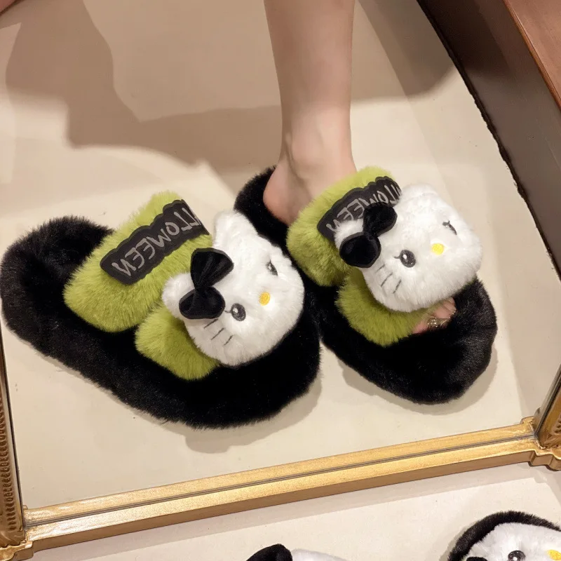 

Ins Winter Fur Home Slippers Women Thick Heel Cotton Slippers Cartoon Kitty Cat Ladies Casual Comfortable EVA Home Shoes