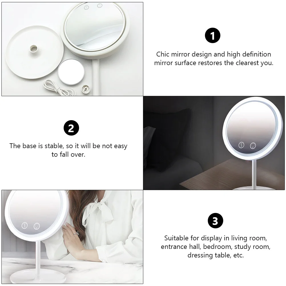 

1pc Led Light Vanity Round 180° Rotating Desktop Makeup Mirror With Fan Abs Stable Base Reflection Mirror For