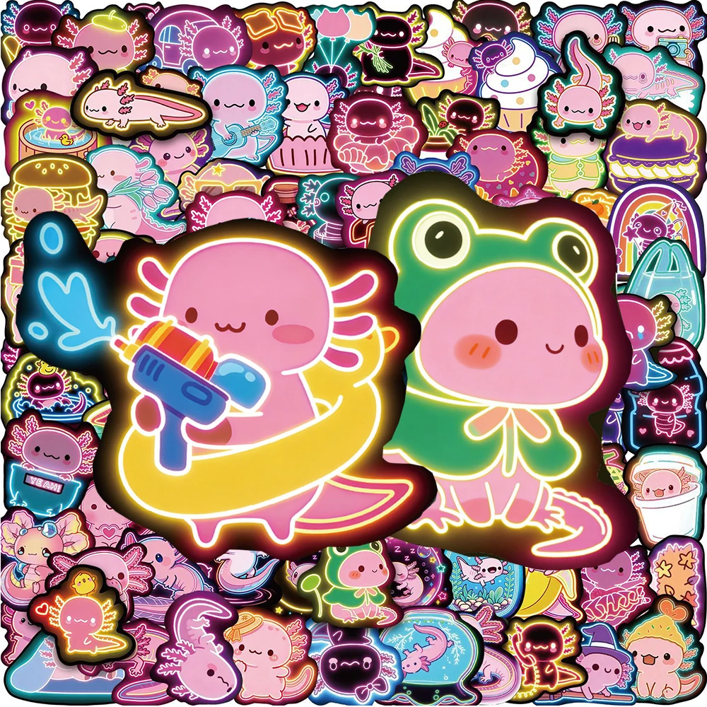 10/30/50/100pcs Kawaii Cartoon Neon Light Axolotl Stickers Cute Animal Decals for Notebook Phone Car Waterproof Graffiti Sticker
