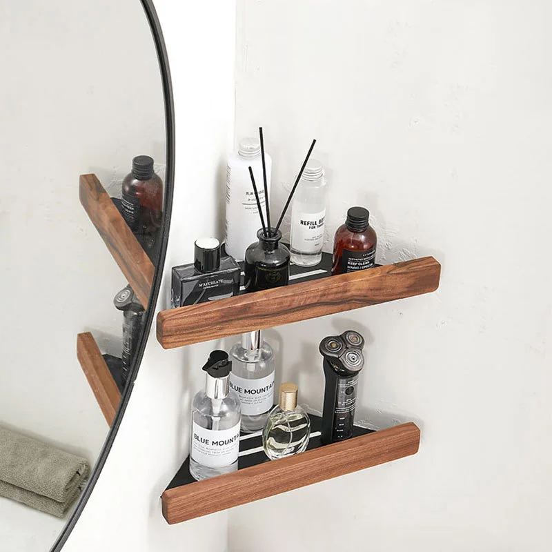 Wall Mounted Corner Storage Rack Free Punch Walnut Wood Bathroom Shelf Storage Triangle Shelves Bathroom Accessories