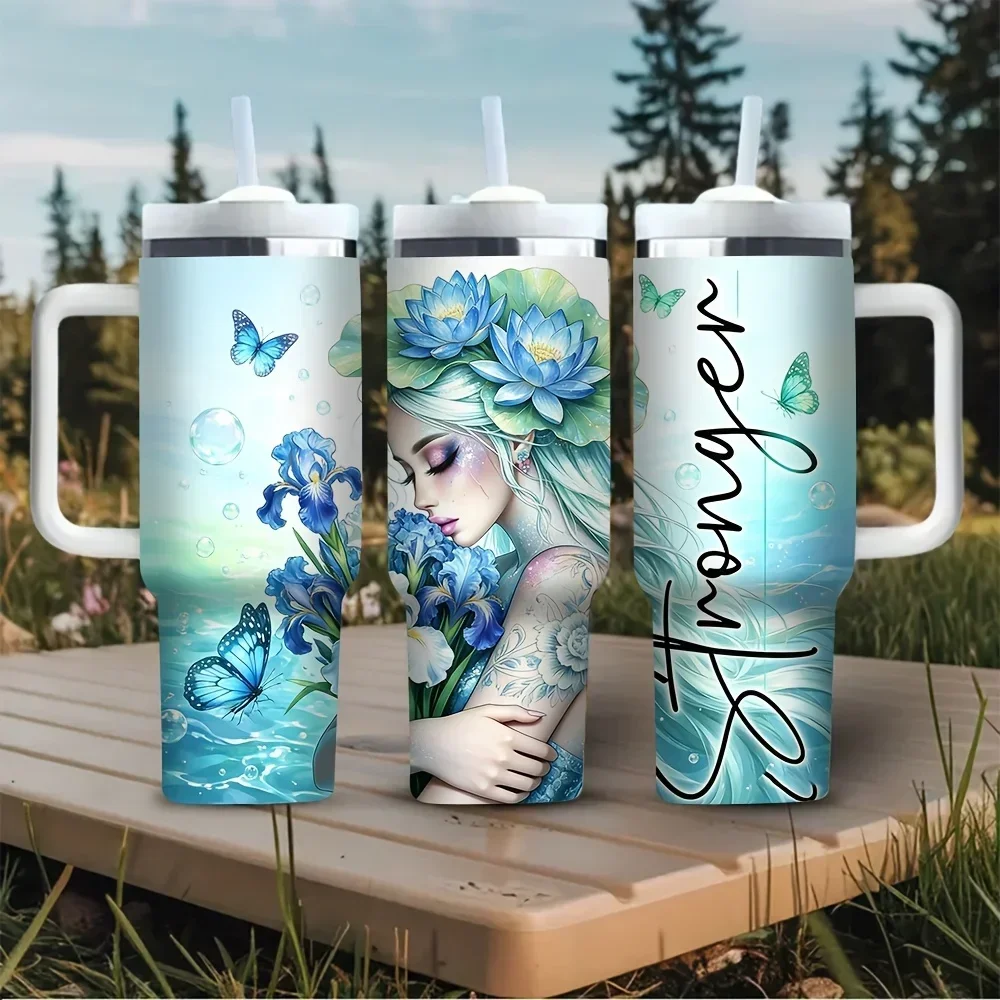 40oz Tumbler with Handle, Blue Flower Butterfly Elegant Girl Stronger Print, Suitable for Women Daily Use, Fits Both Hot And Cold Drinks, Ideal for Outdoor And Indoor Daily Scenes