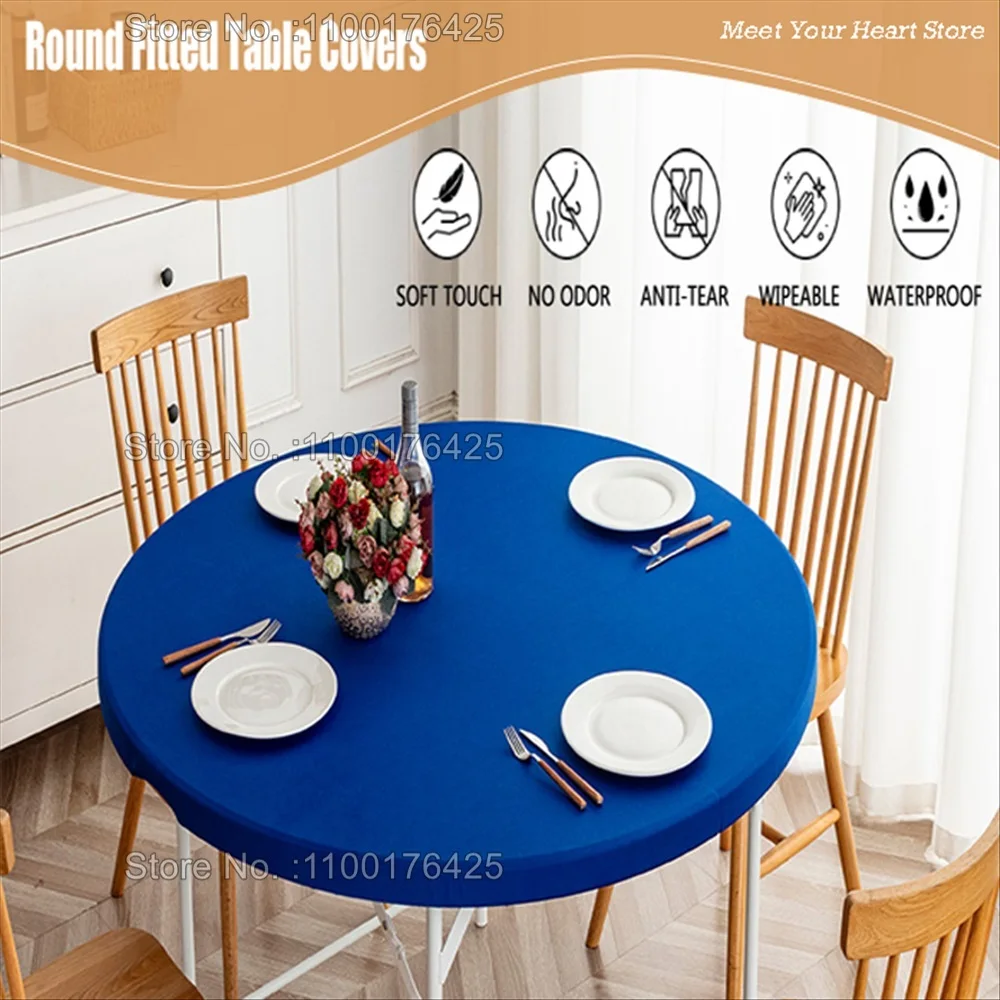 Flower Round Tablecloth with Elastic Edge Lemon Print Waterproof Table Cover for Kitchen Dining Table Decoration Accessories