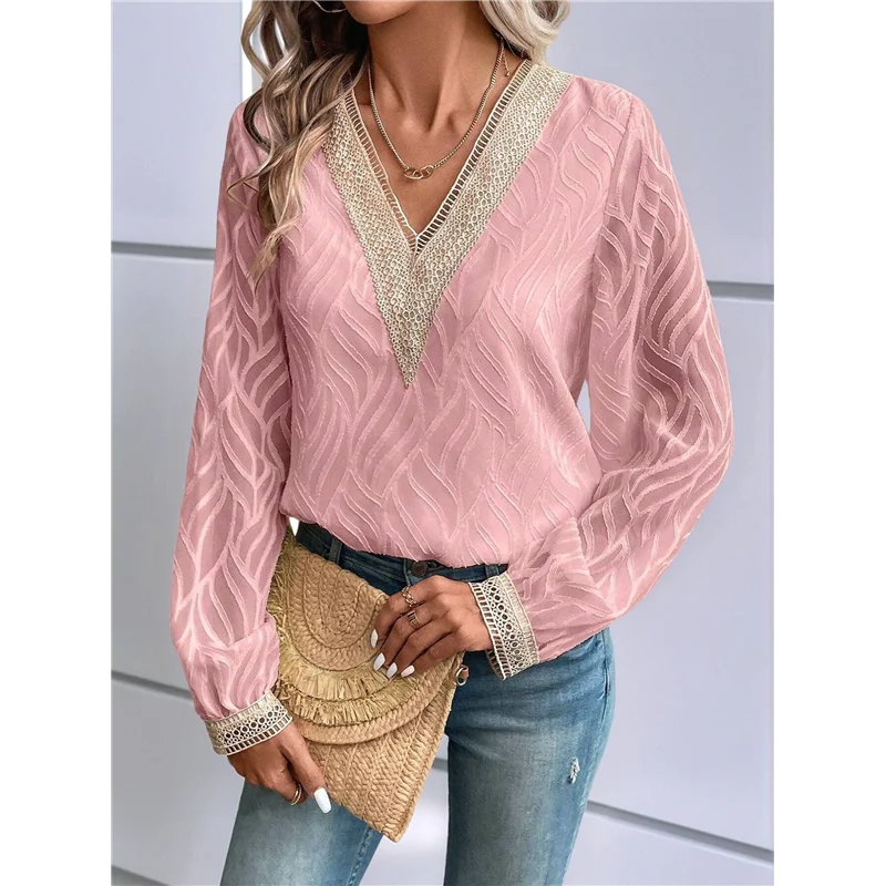 

NEW-Womens V Neck Shirts Casual Elegant Lace Top Blouses Long Sleeve Chiffon Jacquard Fashion Fall Tunic Tops