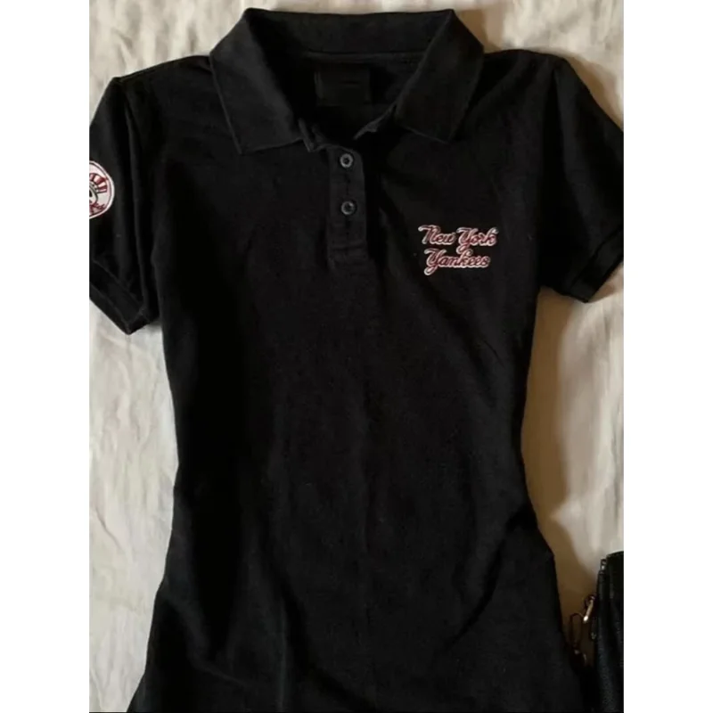 Deeptown Y2k Black Vintage Women's T-Shirts Harajuku Letter Print Short Sleeve American Style Polo Collar Tees Slim Gyaru Summer image 3