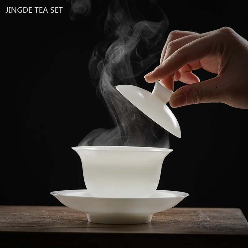 Dehua White Porcelain Gaiwan Household Goat Fat Jade Tea Infuser Anti-ironing Tea Bowl with Cover Portable Beauty Teacup