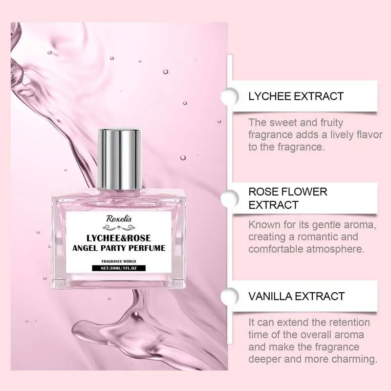 Perfume Women 30ml Lychee & Rose Angel Party Perfumes Fragrance World Natural Elegant Body Mist for Neck and Wrist for Everyday