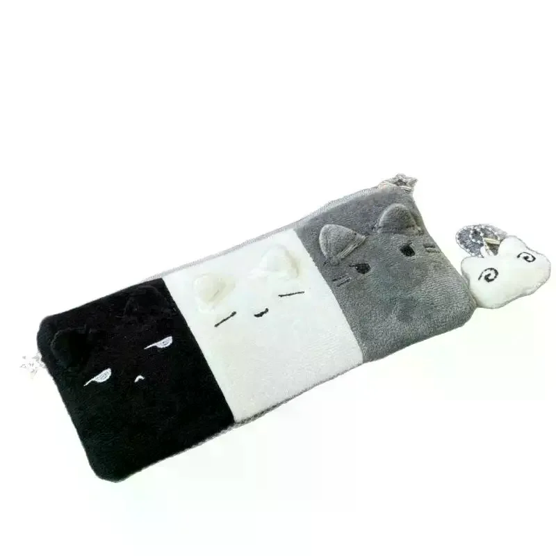 Kawaii Cartoon Black White Grey Color Blocked Plush Pencil Case Student School Desktop Stationery Large Capacity Storage PenBag