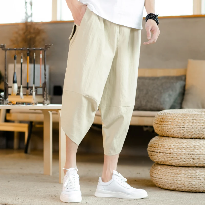 High Quality New Summer Chinese Style Cotton Hemp Capris Men's Solid Color Loose Vintage Shorts Casual Pants Men