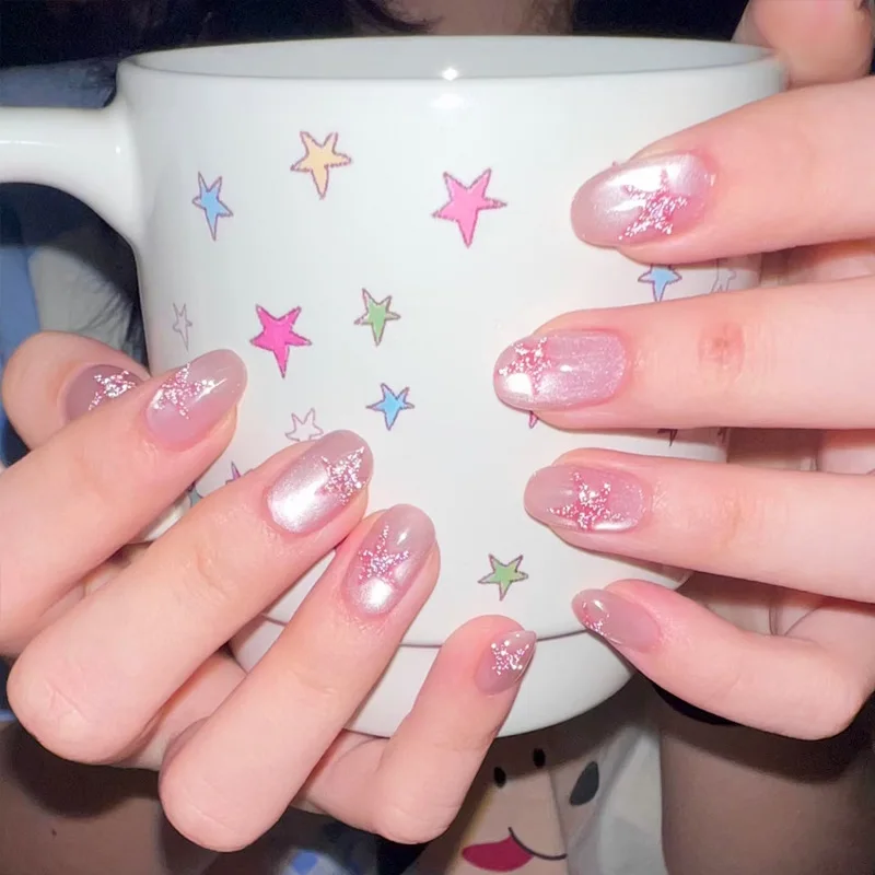 24 Uñas Postizas con Degradado Rosa Nude, Diseño de Ojo de Gato, Cortas, Redondas, Almendradas, con Purpurina y Estrellas, Adhesivas