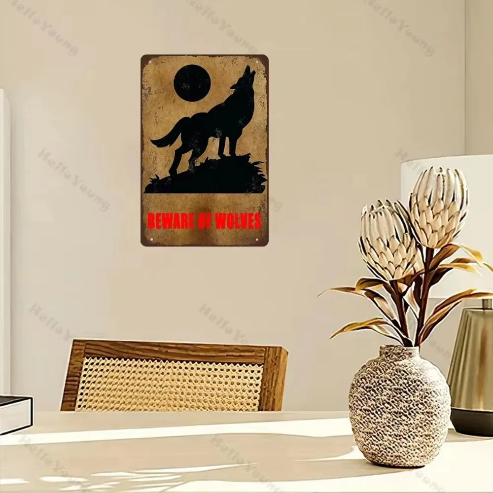 Безрамный ретро металлический постер BEWARE OF WOLVES — украшение в художественном стиле для охоты, добавляет форму флера до двора, фермы, горы и полевых настроек