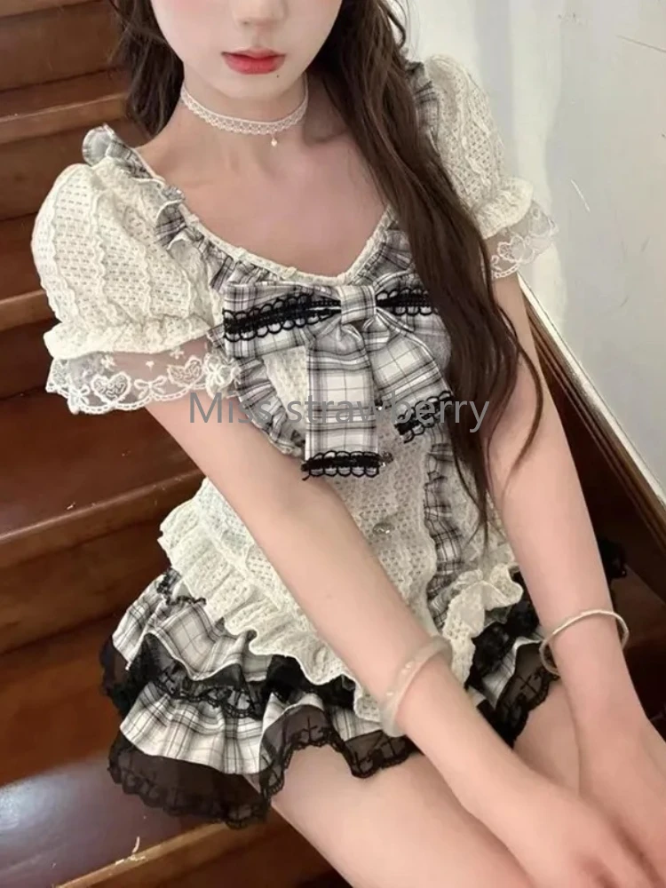 Moonlit Rose لطيف الحد من العمر فتاة حلوة الدانتيل حافة التخسيس تصميم أعلى نصف الجسم كعكة تنورة السراويل قطعتين مجموعة #5