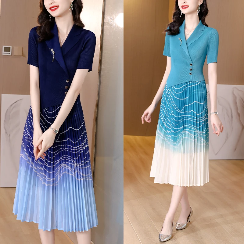 Pleated Skirt 2023 Spring/Summer New Elegant Feminine Style Retro Slim Fit Slim Suit Collar Large Swing Pleated Dress