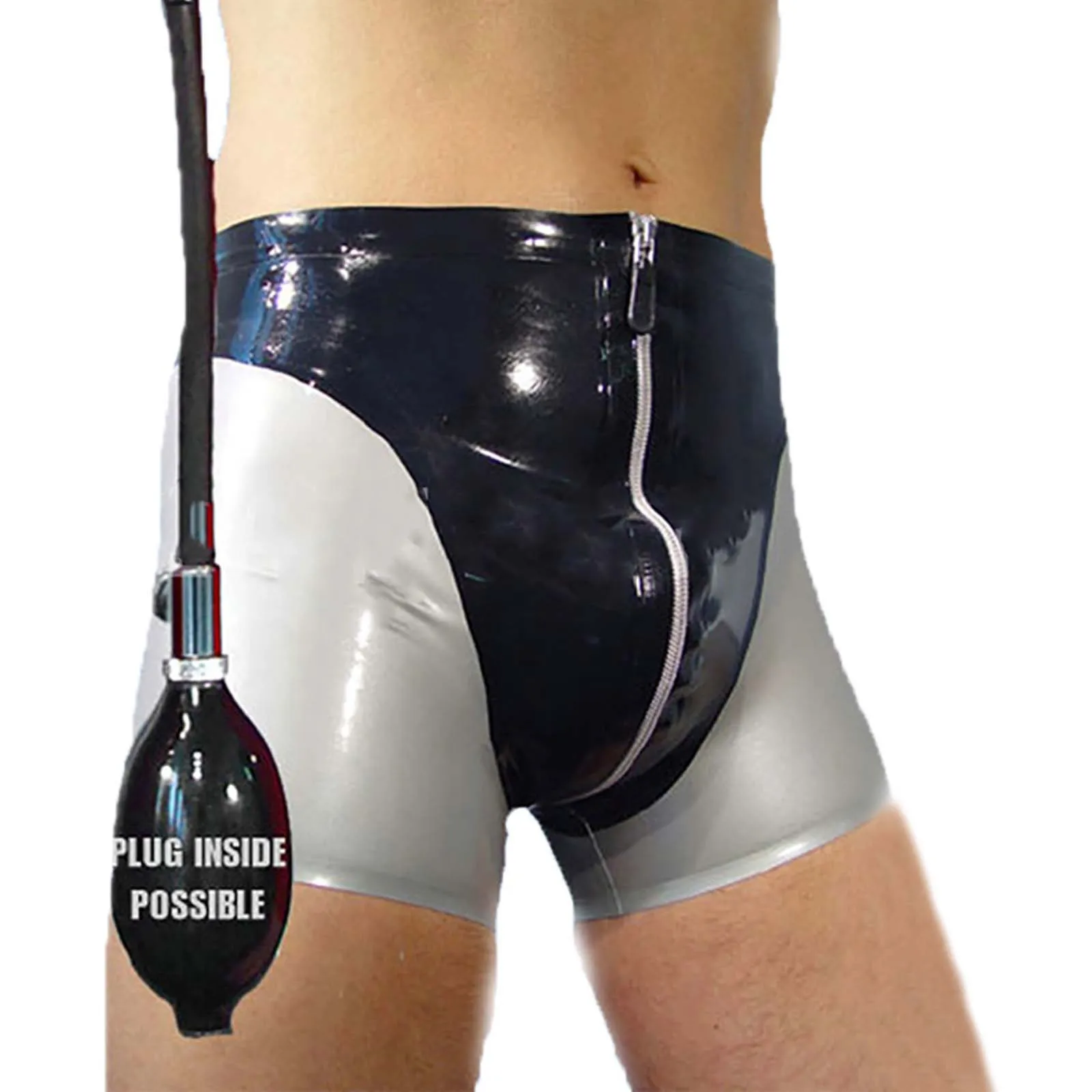 

MONNIK Latex Boxer Shorts Black&silver Underwear Front Zipper with Air Bag Panties Sexy Briefs Tight Underpants for Bodysuit