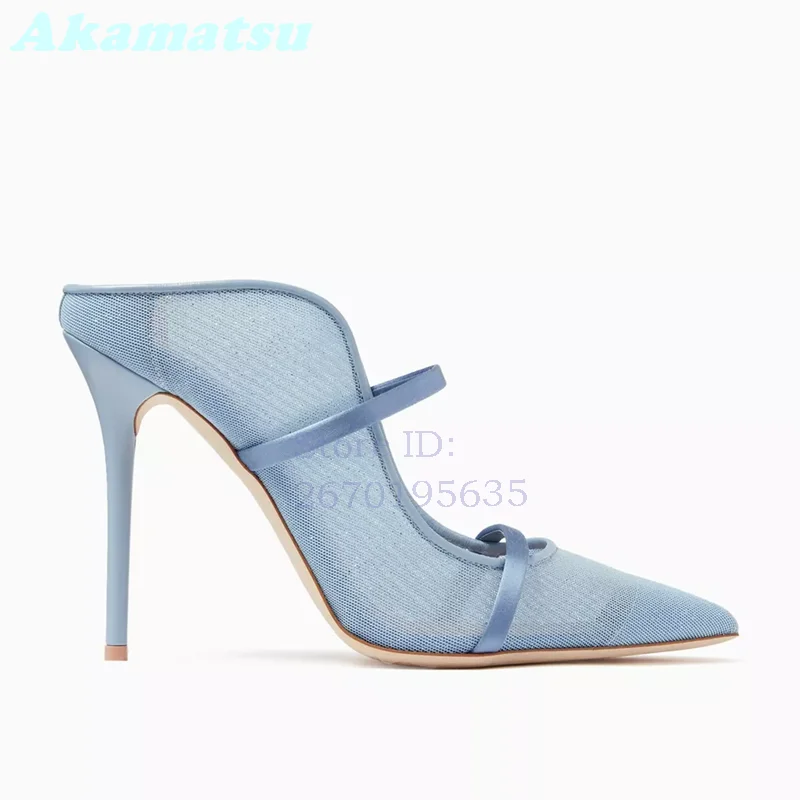 Blue Pointed Toe Mesh Mule Slippers Satin Double Straps Slip On Stilettos Sandals 2026 Elegant High Heel Party Women Shoes