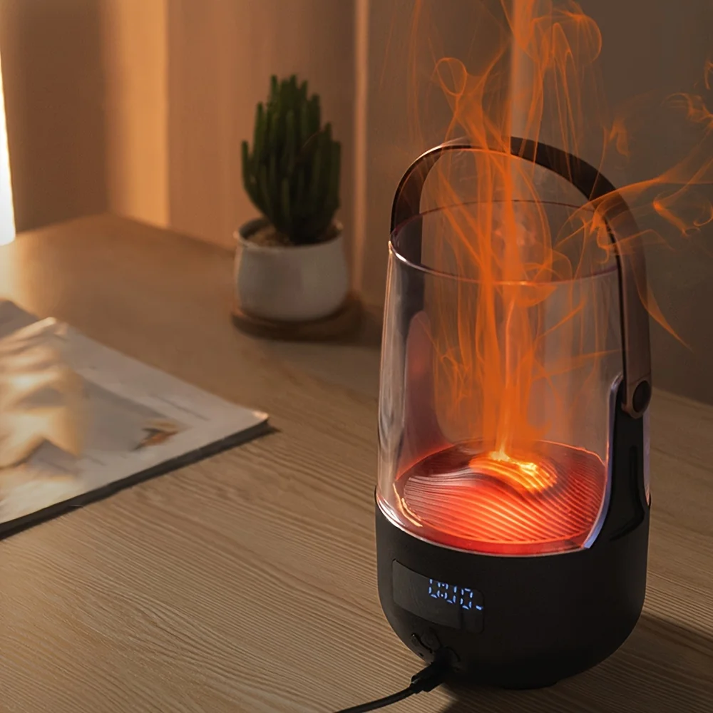 USB Fireplace Aroma Diffuser & Humidifier - 6.76oz Soundwave Technology Essential Oil Mist Maker with Colorful Flame, Night Ligh