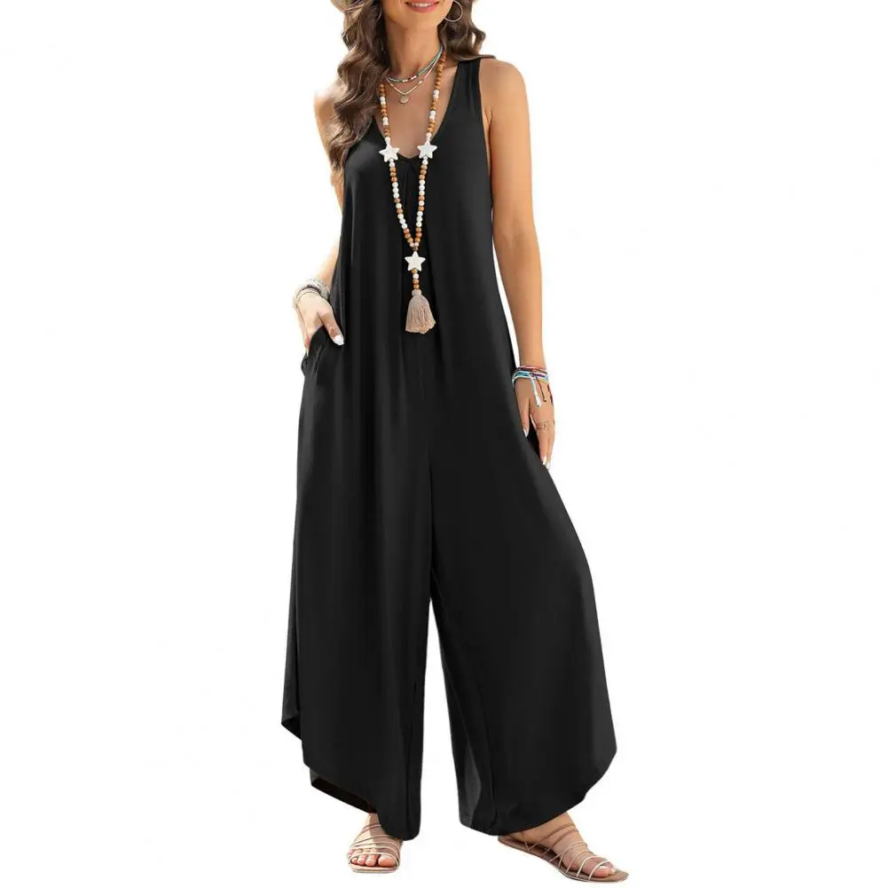 

Women Sleeveless Rompers Solid V Neck Wide Leg Deep Crotch Irregular Hem Ankle Length Vacation Long Jumpsuit Casual Overalls