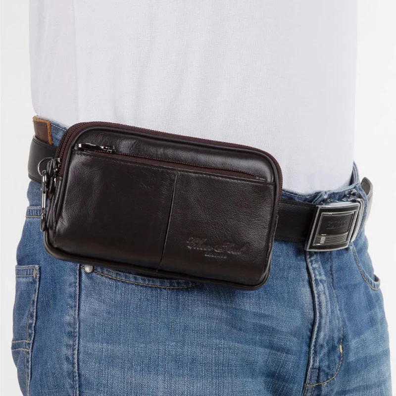 Bolso de mano de cuero genuino Real para hombre, funda informal de negocios para teléfono móvil, gancho para cadera, lazos, Cinturón de piel, riñonera, monedero