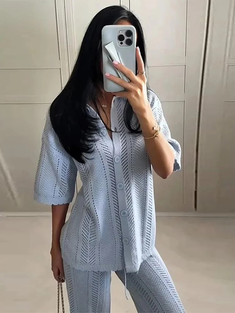 

Повседневная вязаная рубашка с вырезом, брючный костюм, женский топ с короткими рукавами и лацканами на пуговицах, свободные прямые брюки, женский комплект 2025, летний однотонный комплект