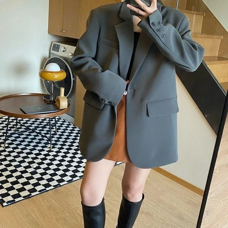 Gray Female Coats and Jackets Solid Outerwear Loose Clothing Black Women\'s Blazers Korean Reviews Many Clothes 2024 Korean Sale