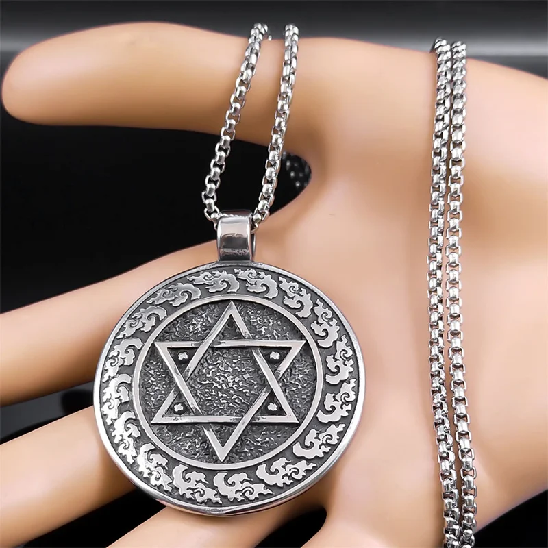 King Solomon Hexagram Amulet Necklace for Women Men Stainless Steel Silver Color Jewish Star of David Pendant Jewelry NZZ394S06