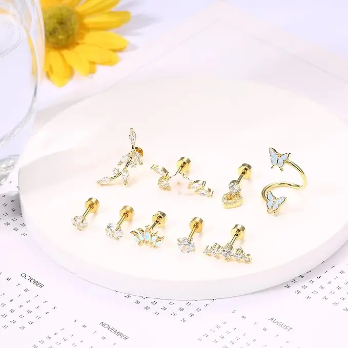 Drperfect 9pcs Surgical Steel Earrings for Women Conch Tragus Earrings Piercing Stud Cartilage Earrings Set Piercing Jewelry