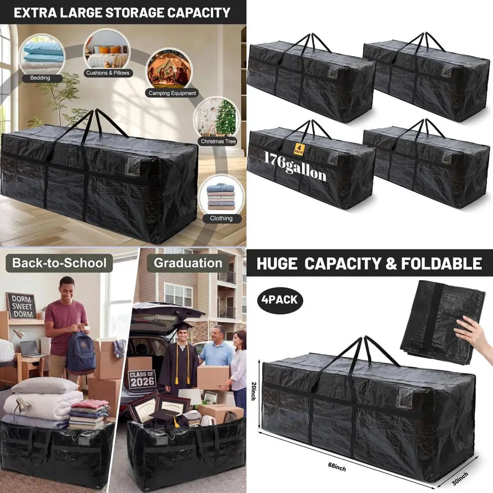 

Extra Large 176 Gallon Heavy Duty Storage Bags with Strong Zipper, XXL Jumbo Tote for Packing, Moving, College, or Travel (Black