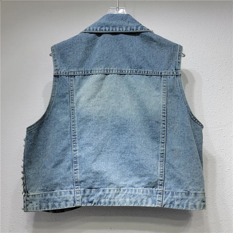 Fashion Diamonds Chain Tassel Blue Short Denim Vest Summer Women Irregular Hem Lapel Sleeveless Cowboy Jacket Casual Veste Femme