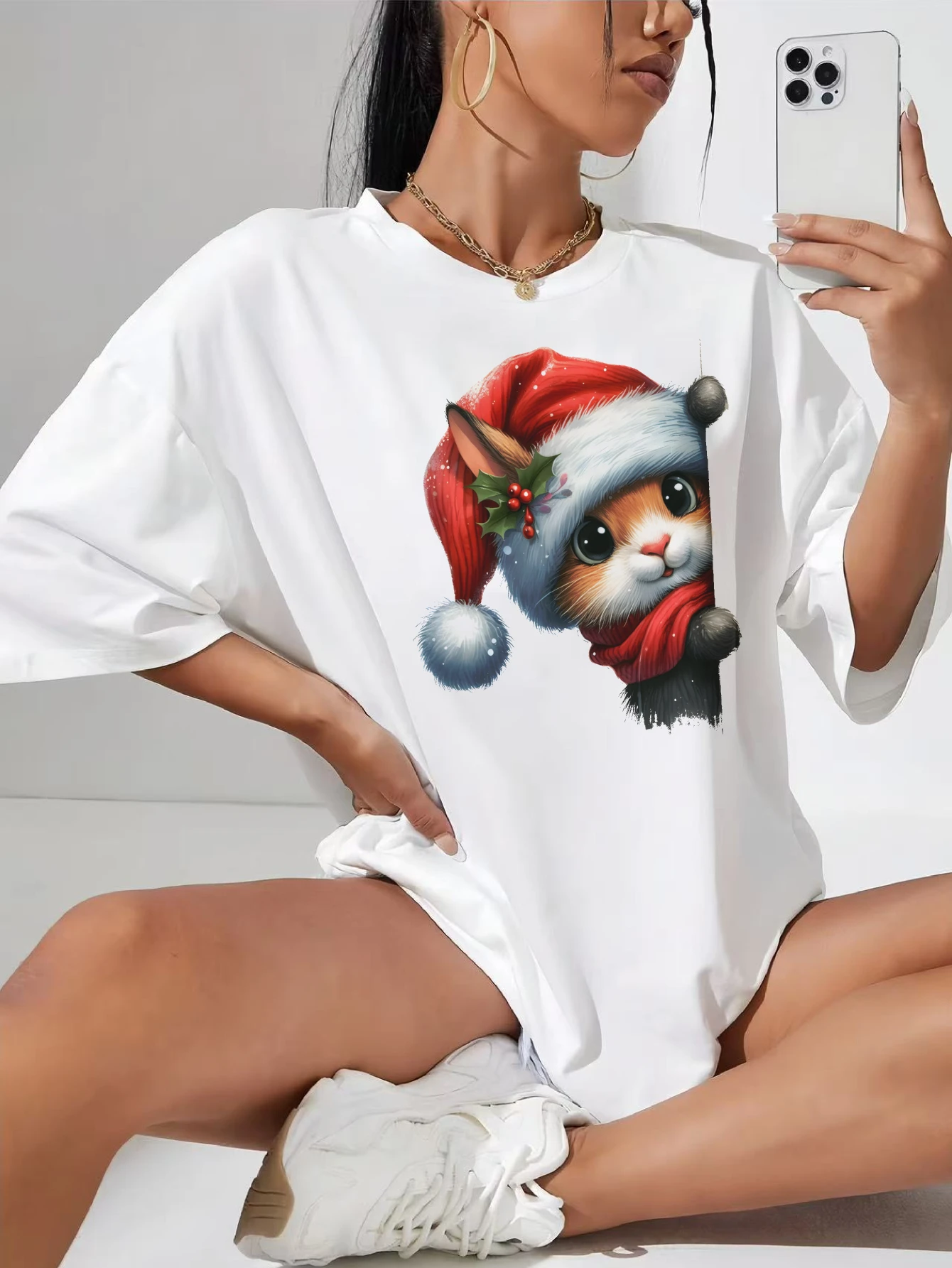 

Christmas Characters peeking around Women's Plus Size White T-Shirt Cozy Cotton for Christmas Casual Winter Late Pregnancy Wear