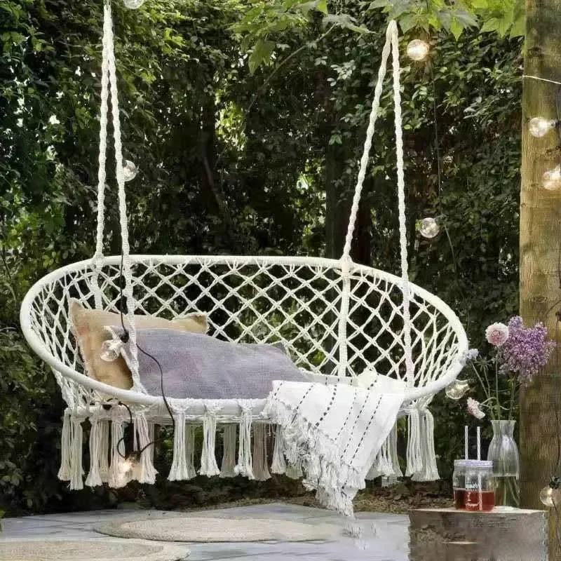 Double Hammock Chair Macrame Hanging Swing Hanging Cotton Ropes, Metal Frame, 450 lbs Capacity Indoor Outdoor,Patio