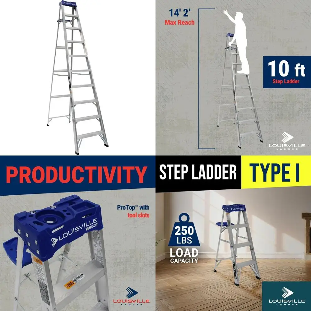 Aluminum 10-Foot Step Ladder from Louisville with 250 lbs Capacity and Tool Tray, Type I, AS2110