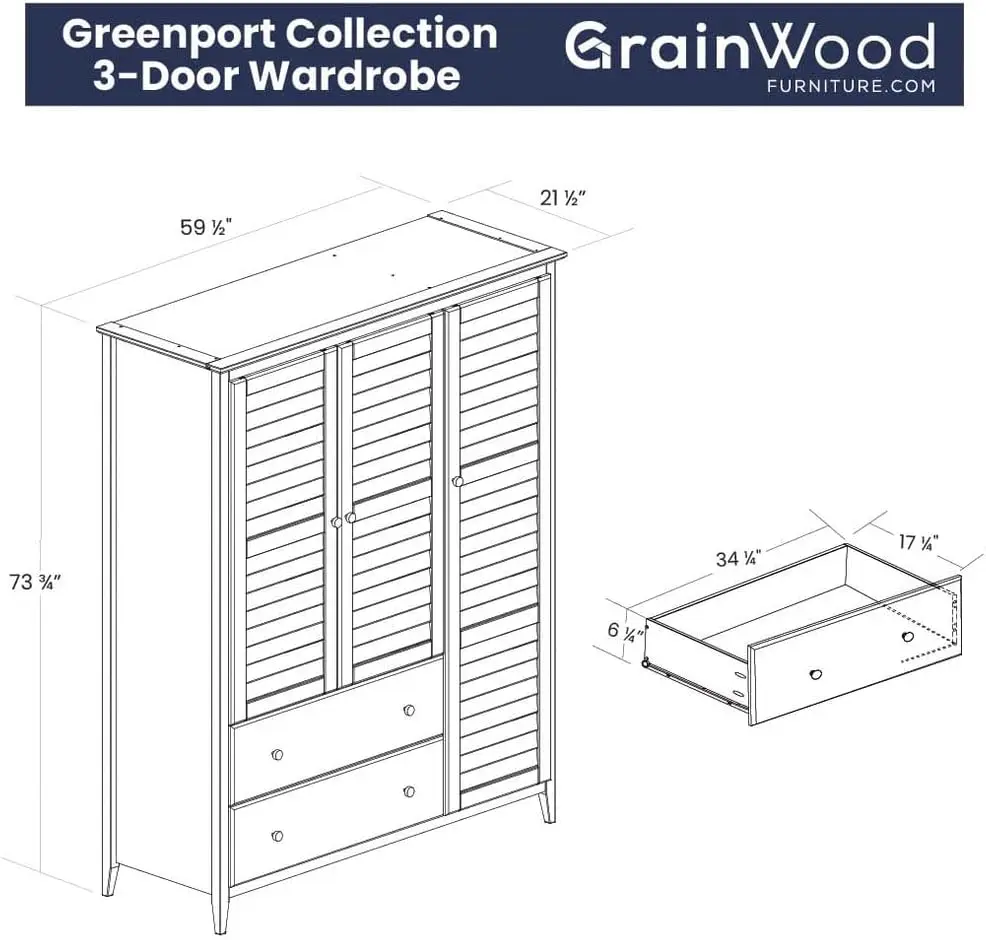 Greenport 3-Door Wardrobe, Solid Wood With Brushed Driftwood Finish