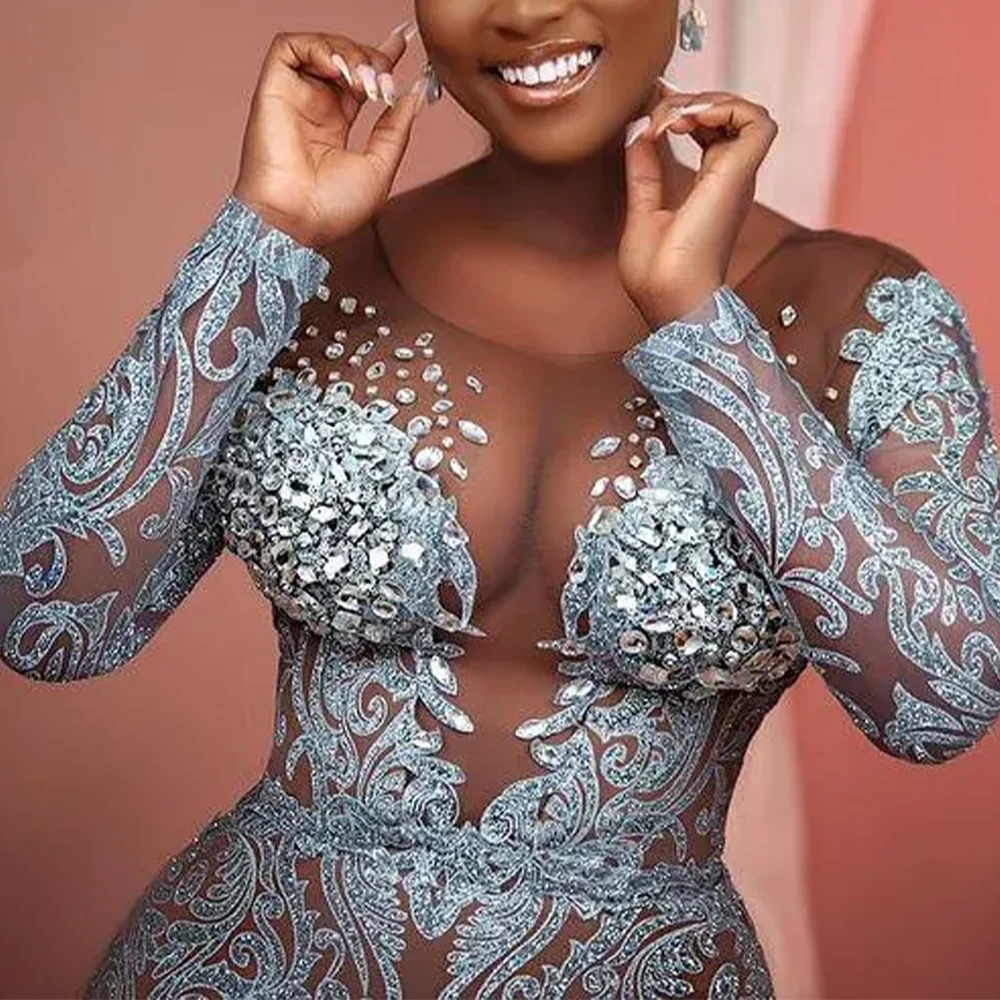 

O-Neck Mermaid Long Sleeve Evening Prom Dresses Lace Sequined Crystal Prom Gowns Beading Appliques Party Prom Gowns Customized