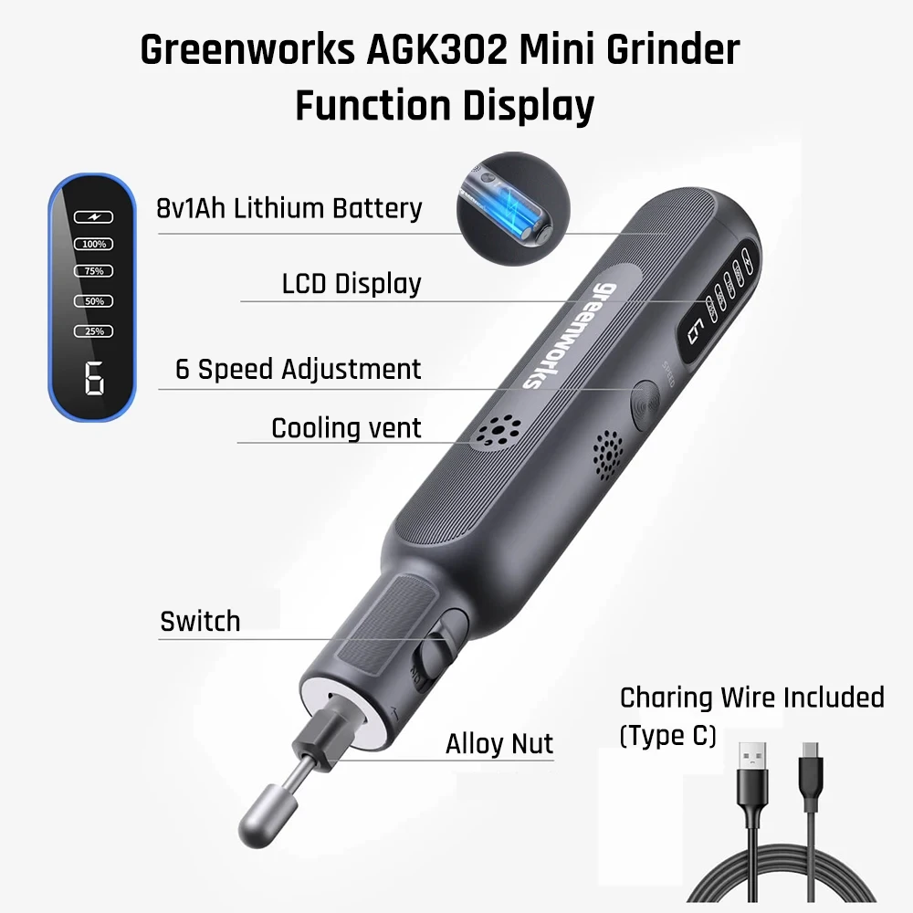 Greenworks 8V Mini Grinder 52pcs 80W Electric Grinding Engraving Cordless Variable Speed Lithium Battery Power Tools USB Charger