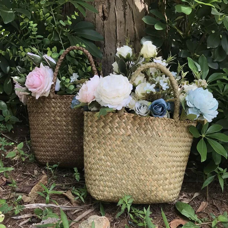 Ladies Bag Flower Basket Home Storage Ornaments Decor Seaweed Multifunctional Storage Bag Beach Bag Wicker Basket