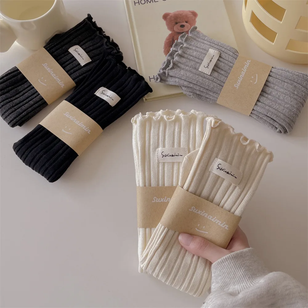 Ruffle Socks Women Korean Fashion Solid Color Cotton Loose Long Socks Lolita Sweet Girls Japanese Kawaii Cute Middle Tube Socks