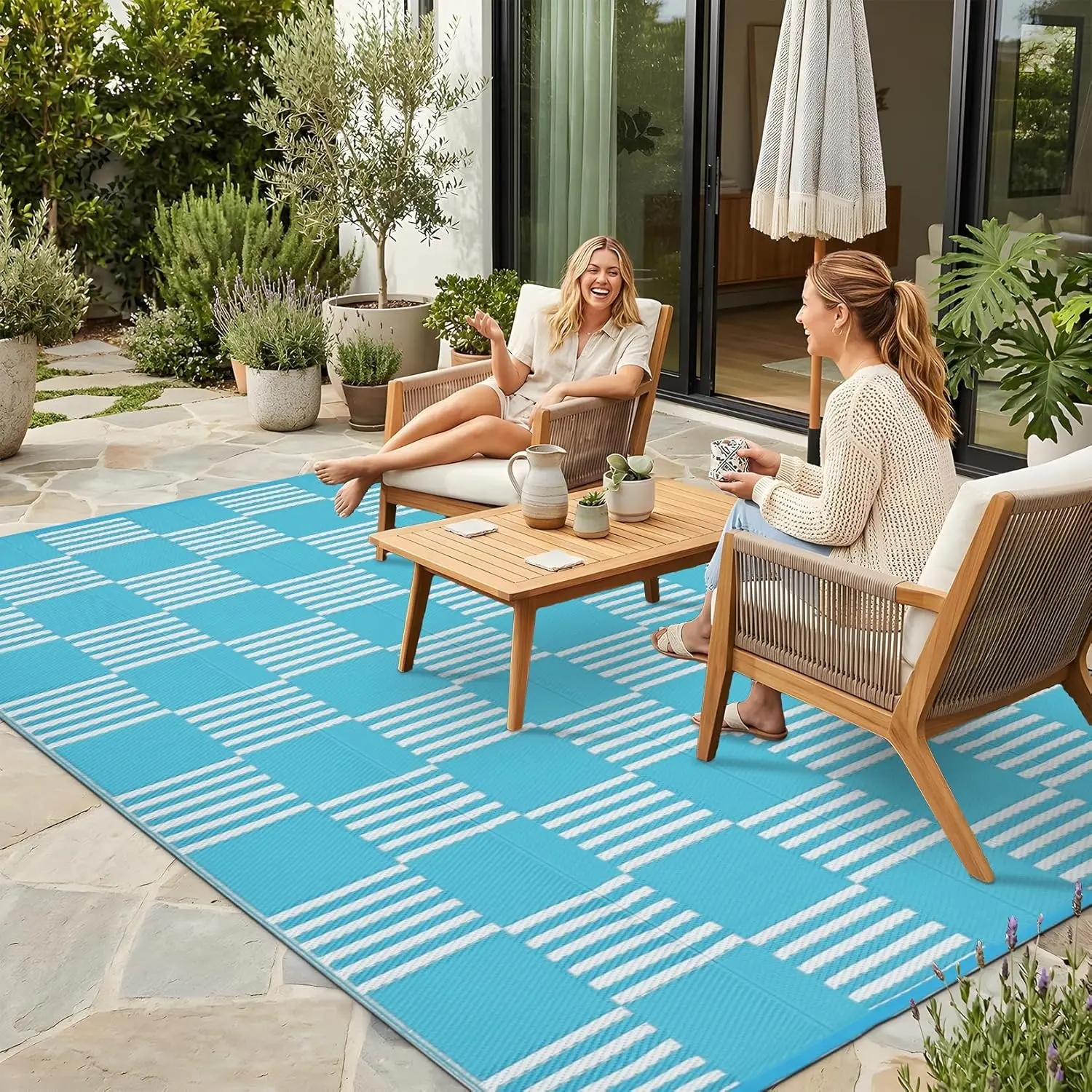 

Waterproof Outdoor Rug 5x8, Checkered Foldable Plastic Straw Patio Camping Rug, Outdoor RV Carpet for Deck Camper Porch Balco