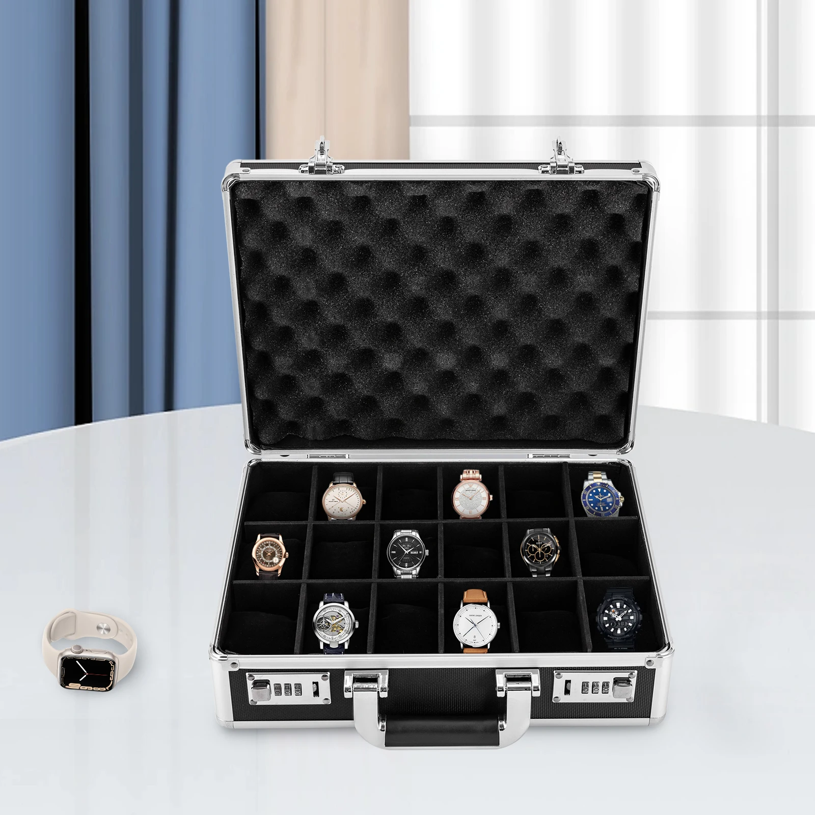 

Ящик для хранения часов с 18 отделениями, ящик для хранения из алюминиевого сплава для демонстрации и организации, портфель с запирающейся витриной (черный)