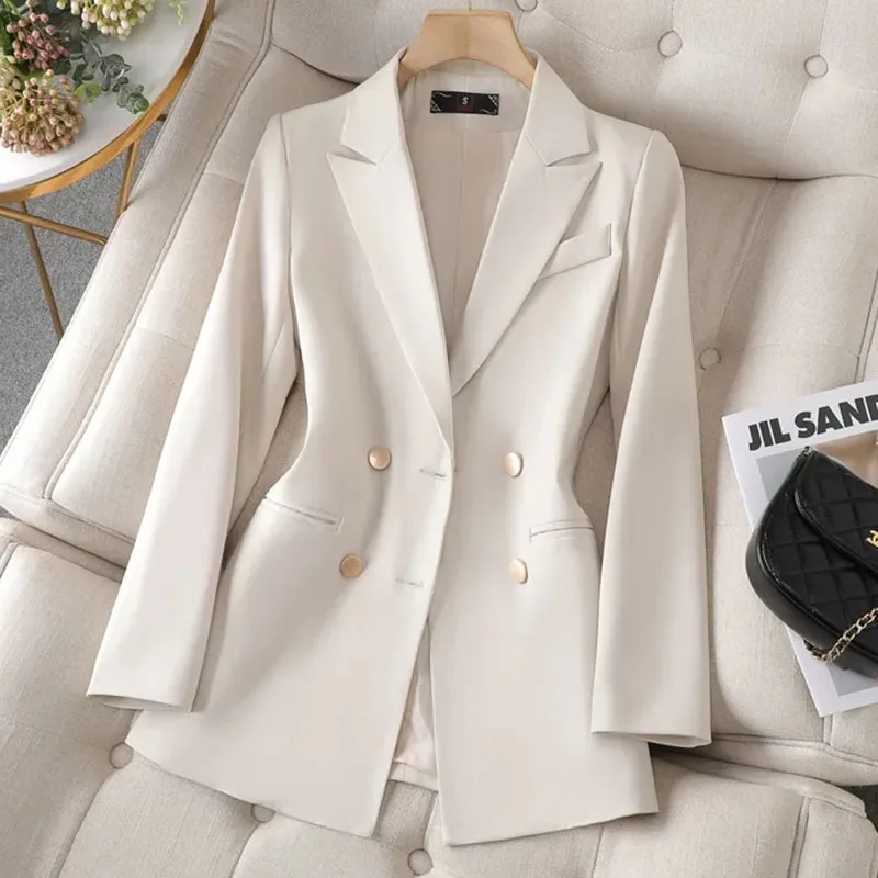 Women Casual Blazer Double Breasted Suit Jacket Korean Version Pure Color Loose Fashion Suit Jacket Simple Office Ladies Tops