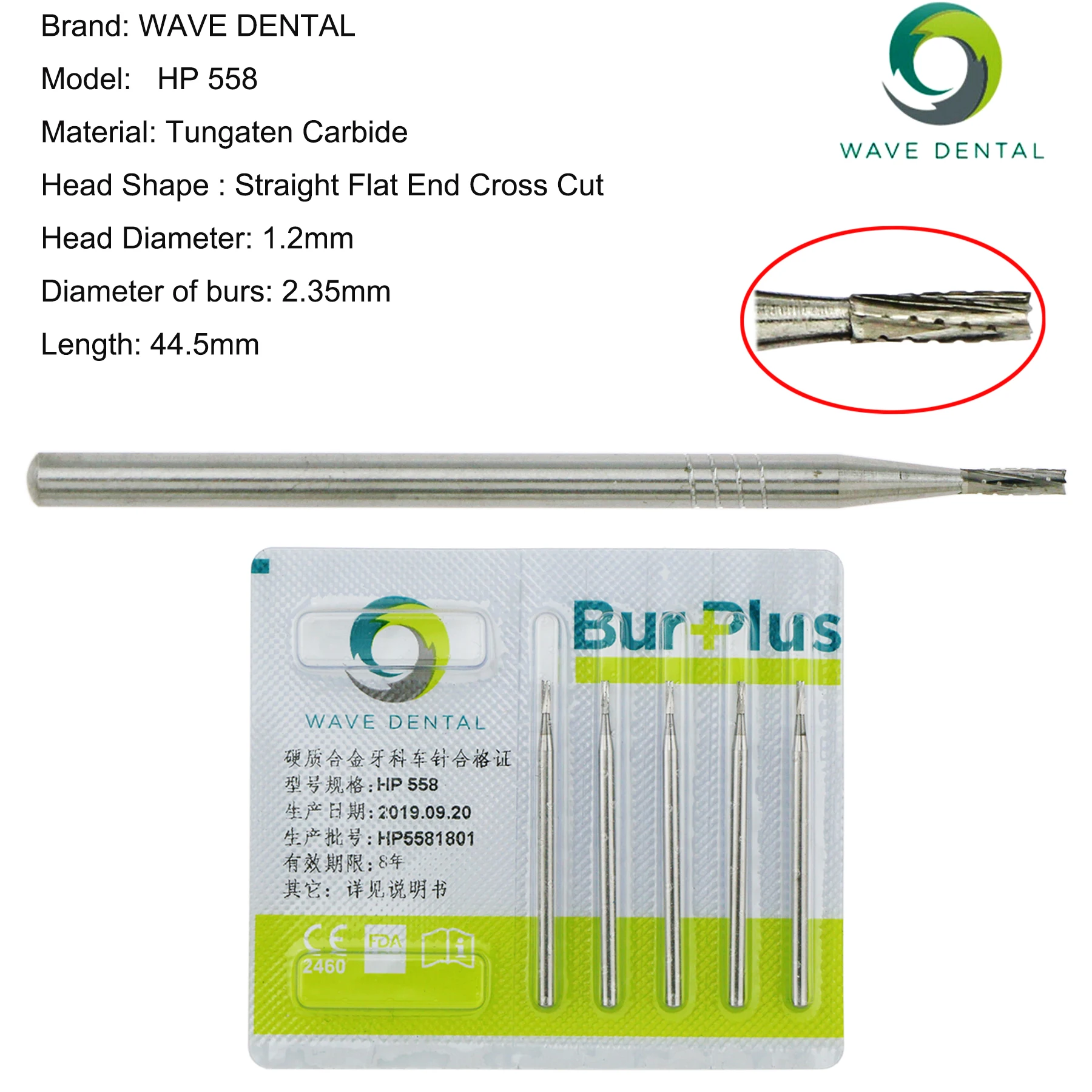 WAVE Dentistry Drill Dental Tungsten Carbide Burs Straight Fissure Slow Burs 2.35mm For Straight Nose Cone Low Speed Handpiece