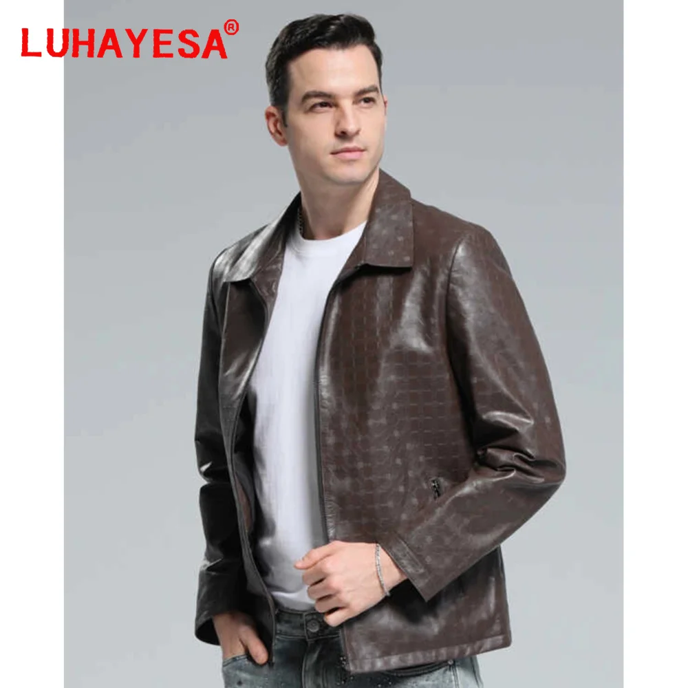 2024 New Brown Slim Men Casual Offical Genuine Leather Jacket Luhayesa Spring Autumn Natural Sheepskin Leather Coats